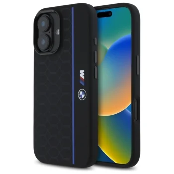 BMW dėklas iPhone 16 telefonui Silicone Hexagon Blue Line MagSafe, juodas