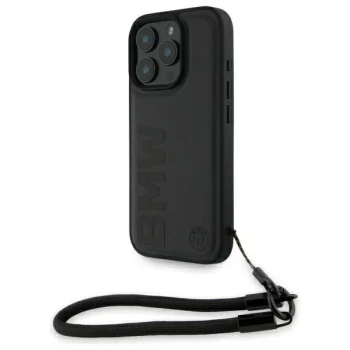 BMW iPhone 16 Pro Max dėklas Signature Leather Wordmark Cord, juodas