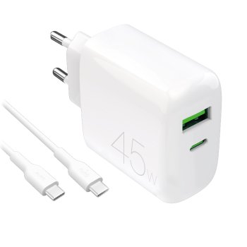 Puro Daily Prolite 45W USB-C ir USB-A įkroviklis su USB-C laidu, baltas