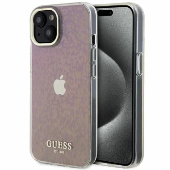 Guess iPhone 15 dėklas IML Faceted Mirror Disco Iridescent, rožinis