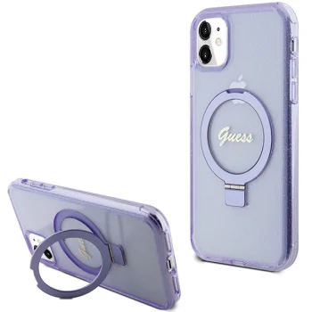 Dėklas Guess Ring Stand Script Glitter MagSafe skirtas iPhone 11 / Xr, violetinis