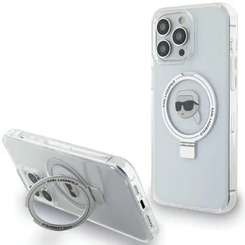 Karl Lagerfeld dėklas iPhone 15 Pro Max su Ring Stand ir MagSafe, baltas