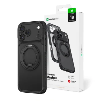 AmazingThing Titan Pro Spin Lens dėklas iPhone 18 Pro Max su stovu ir MagSafe, juodas