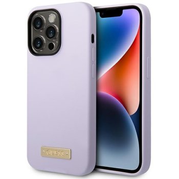 Guess Silicone Logo Plate MagSafe dėklas skirtas iPhone 14 Pro, violetinis