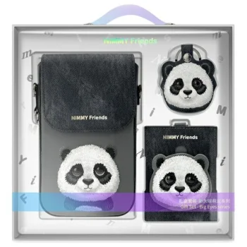 Nimmy Big Eyed Pet 2.0 Panda trijų dalių krepšelis, piniginė ir dėklas, juodas