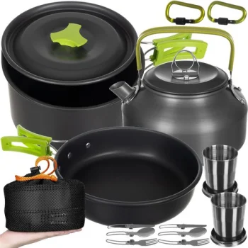 Trizand 00023667 Camping Cookware Set for 2 Persons, 18 Pieces, Black/Green