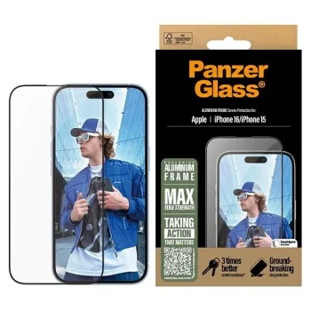 PanzerGlass Ultra-Wide Fit apsauginis stiklas su aliuminio rėmeliu iPhone 16, 6.1"