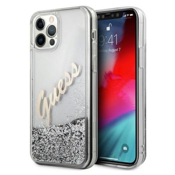 Guess iPhone 12 Pro Max dėklas Glitter Vintage Script, sidabrinis