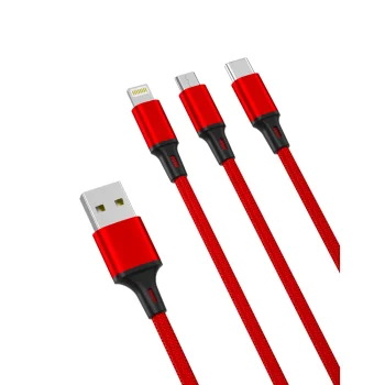 XO NB173 3in1 USB laidas – Lightning, USB-C, microUSB, 1.2 m, 2.4A, raudonas