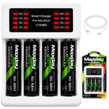 Maxday AA / AAA baterijų įkroviklis su LED indikatoriumi ir 4x AA baterijomis, balta