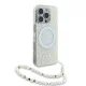 Guess iPhone 16 Pro dėklas IML Flowers Allover Electro su perlų dirželiu, baltas