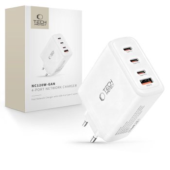 Tech-Protect NC120W-GAN 120W tinklo įkroviklis, 4 prievadai, baltas