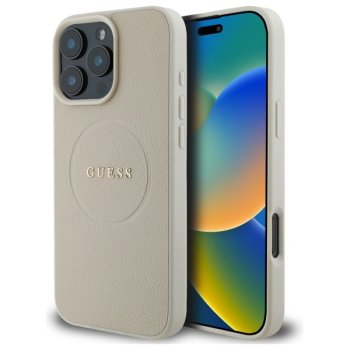 Guess dėklas iPhone 16 Pro Max telefonui Grained Ring MagSafe, smėlio spalvos