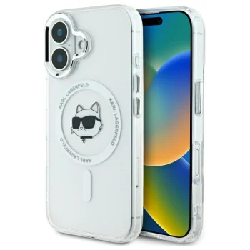 Karl Lagerfeld dėklas iPhone 16 su MagSafe, IML Metal Choupette Head, baltas