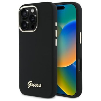 Guess Silicone Script Metal Logo & Frame dėklas iPhone 16 Pro Max, juodas