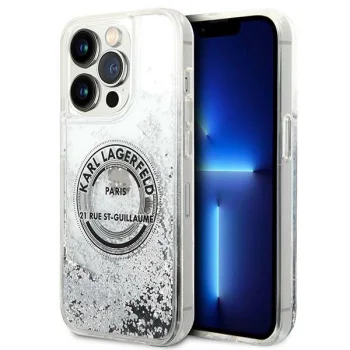 Karl Lagerfeld dėklas iPhone 14 Pro Max telefonui Liquid Glitter RSG, sidabrinis