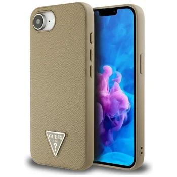 Guess Grained Triangle MagSafe dėklas skirtas iPhone 16e, rudas