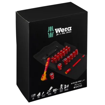 Galvučių ir terkšlės rinkinys Wera 8100 SA VDE 1 Zyklop 1/4", 22 dalių, juodas/raudonas