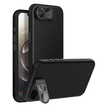 Nillkin CarboProp Magnetic dėklas iPhone 16e / 17e su kameros dangteliu ir stovu, juodas