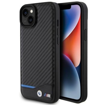BMW dėklas iPhone 15 Plus telefonui Leather Carbon, juodas