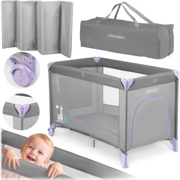 Ricokids RK-240 kelioninė lovelė su čiužiniu ir krepšiu, pilka/levandų