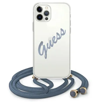 Guess Script Vintage dėklas iPhone 12 / 12 Pro su virvele, mėlynas