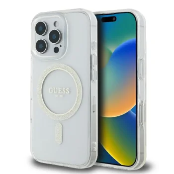 Guess dėklas iPhone 16 Pro telefonui IML Glitter Circle MagSafe, skaidrus