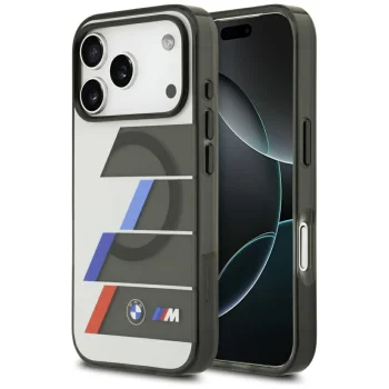 BMW M IML Metal Buttons Tricolor Lines MagSafe dėklas iPhone 17 Pro Max, pilkas
