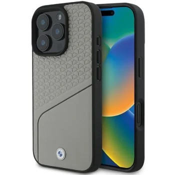 BMW dėklas iPhone 16 Pro telefonui Sign Leather Textured and Line MagSafe, pilkas
