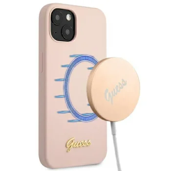 Guess Silicone Script Gold Logo dėklas iPhone 13 6.1" (Light Pink)