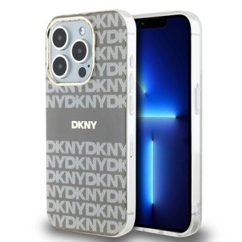 DKNY IML Mono & Stripe MagSafe dėklas iPhone 15 Pro telefonui, smėlio spalvos