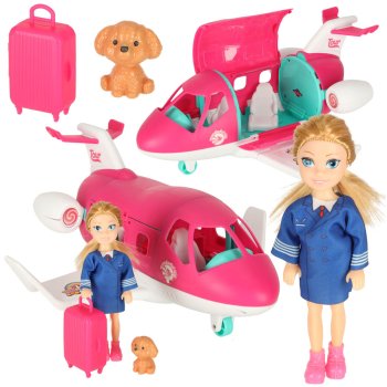 Foldable Doll Airplane with Stewardess and Accessories, Pink