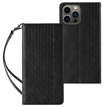 Atverčiamasis dėklas-knygutė iPhone 12 Pro Max su stovu ir dirželiu, juodas