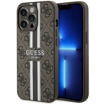Guess dėklas iPhone 13 / 13 Pro 4G Printed Stripes MagSafe, rudas