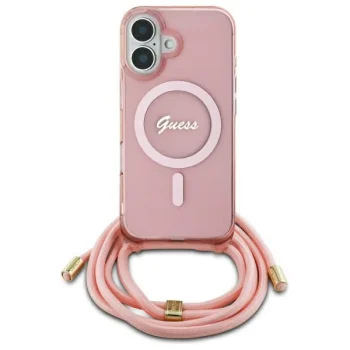 Guess dėklas iPhone 16 telefonui Crossbody Cord Script MagSafe, rožinis