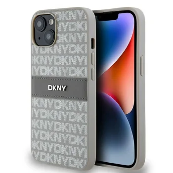 DKNY dėklas iPhone 15 / 14 / 13 modeliams Mono Stripe & Metal Logo, smėlio spalvos