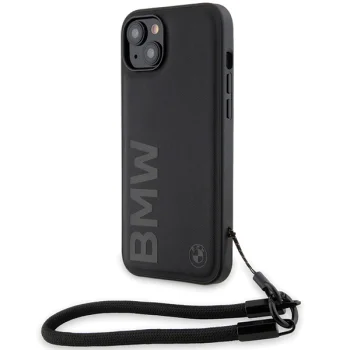 BMW iPhone 15 Plus / 14 Plus deklas Signature Leather Wordmark Cord, juodas