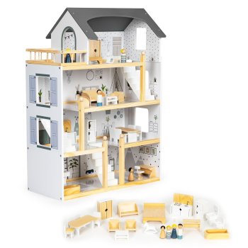 ECOTOYS medinis lėlių namelis su 18 baldų rinkiniu ir 4 lėlėmis