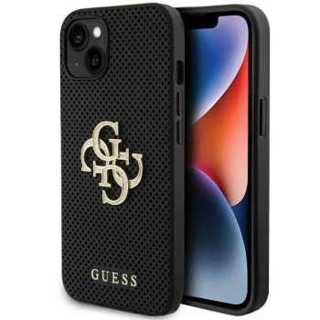 Guess Leather Perforated 4G Glitter Logo dėklas iPhone 15 telefonui, juodas
