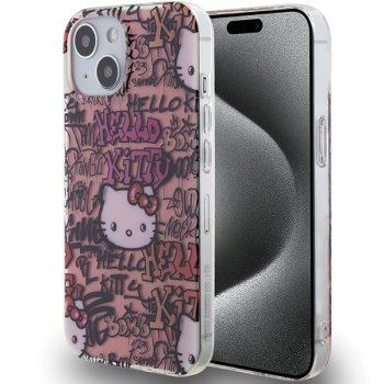 Hello Kitty iPhone 15 dėklas IML Tags Graffiti, rožinis