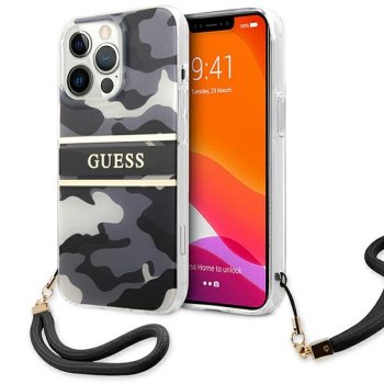 Dėklas Guess Camo Strap iPhone 13 Pro / 13 telefonui, Juodas