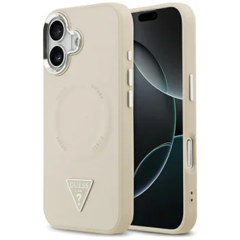 Guess Triangle Logo MagSafe dėklas iPhone 17 telefonui, smėlio spalvos