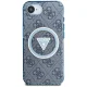 Guess IML Metal Glitter 4G Circle Triangle MagSafe dėklas iPhone 16e, mėlynas