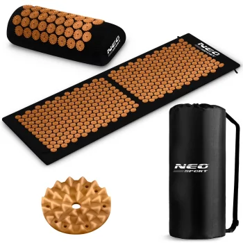 Neo-Sport NS-901 akupresūros kilimėlio ir pagalvės rinkinys, juodas ir auksinis
