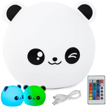 Vaikiška LED naktinė lemputė Panda RGB su pulteliu, balta