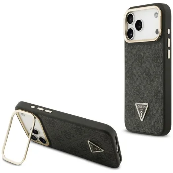 Guess 4G PU Triangle Logo & Stand Camera MagSafe dėklas iPhone 17 Pro Max, juodas