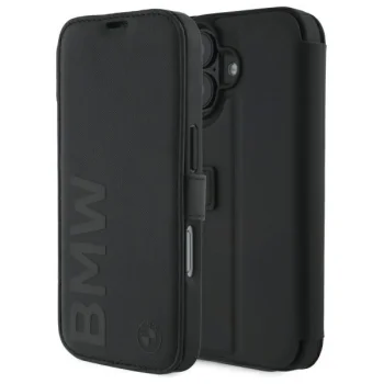BMW BMBKP16S23RMRLK iPhone 16 atverčiamasis dėklas Signature Leather, juodas