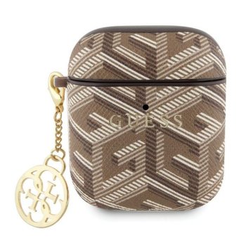 Guess AirPods 1 / 2 dėklas Gcube Classic Gold Logo su pakabuku, ruda