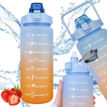 Motyvacinis vandens buteliukas su šiaudeliu 2000 ml, Mėlynas / Oranžinis