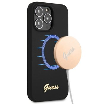 Guess Silicone Script Gold Logo dėklas iPhone 13 Pro Max, Juodas